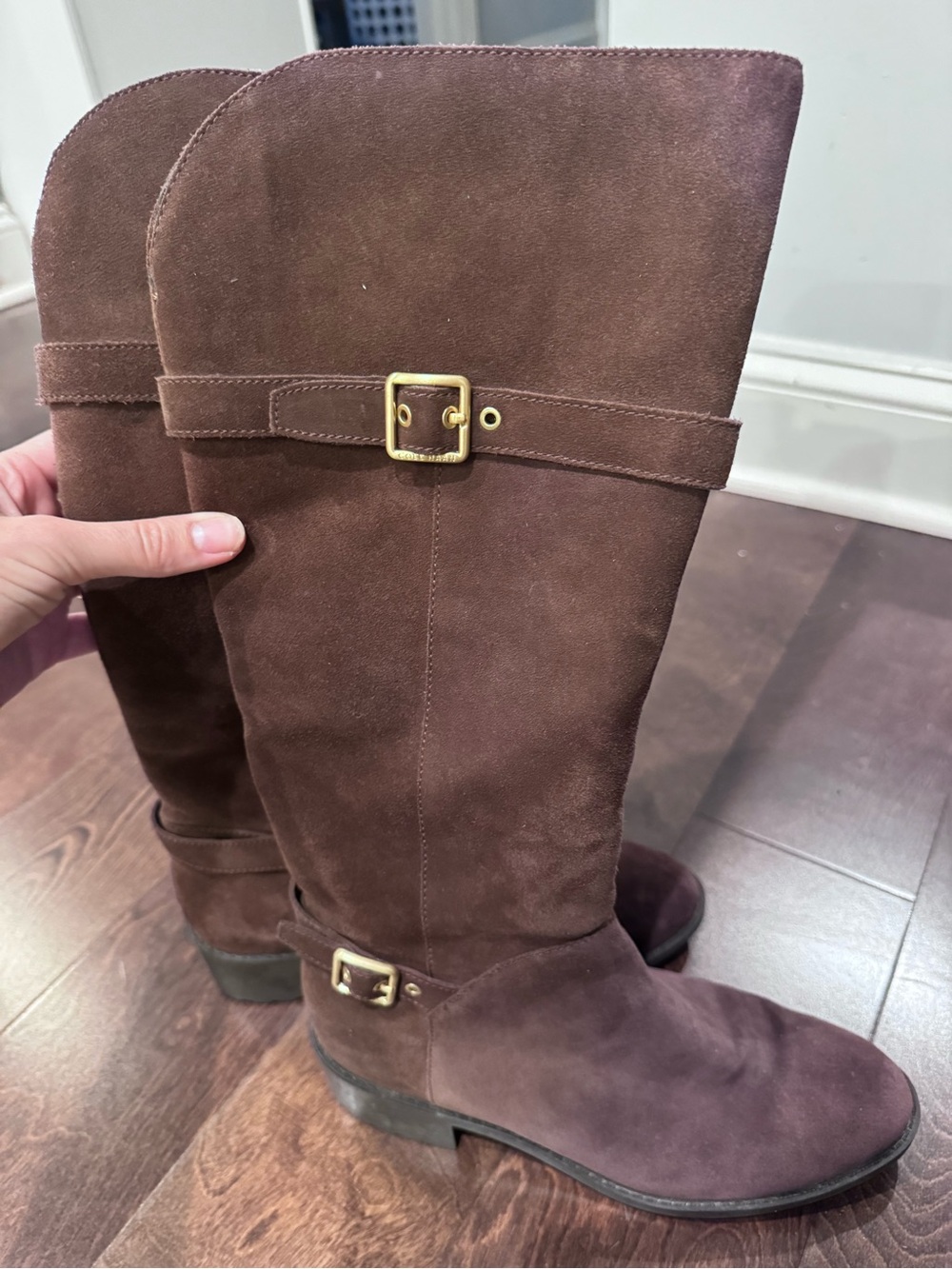 Cole Haan Waterproof Brown Suede Knee-High Riding Boots with Buckle Detail
